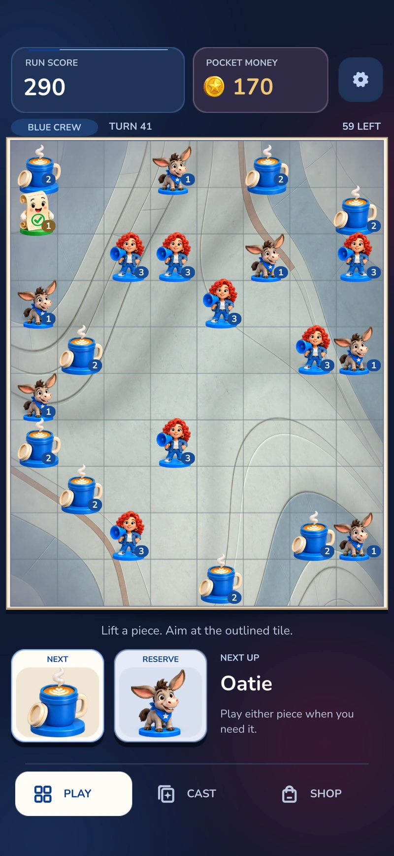 Actual Blue crew gameplay on the 8 by 10 board