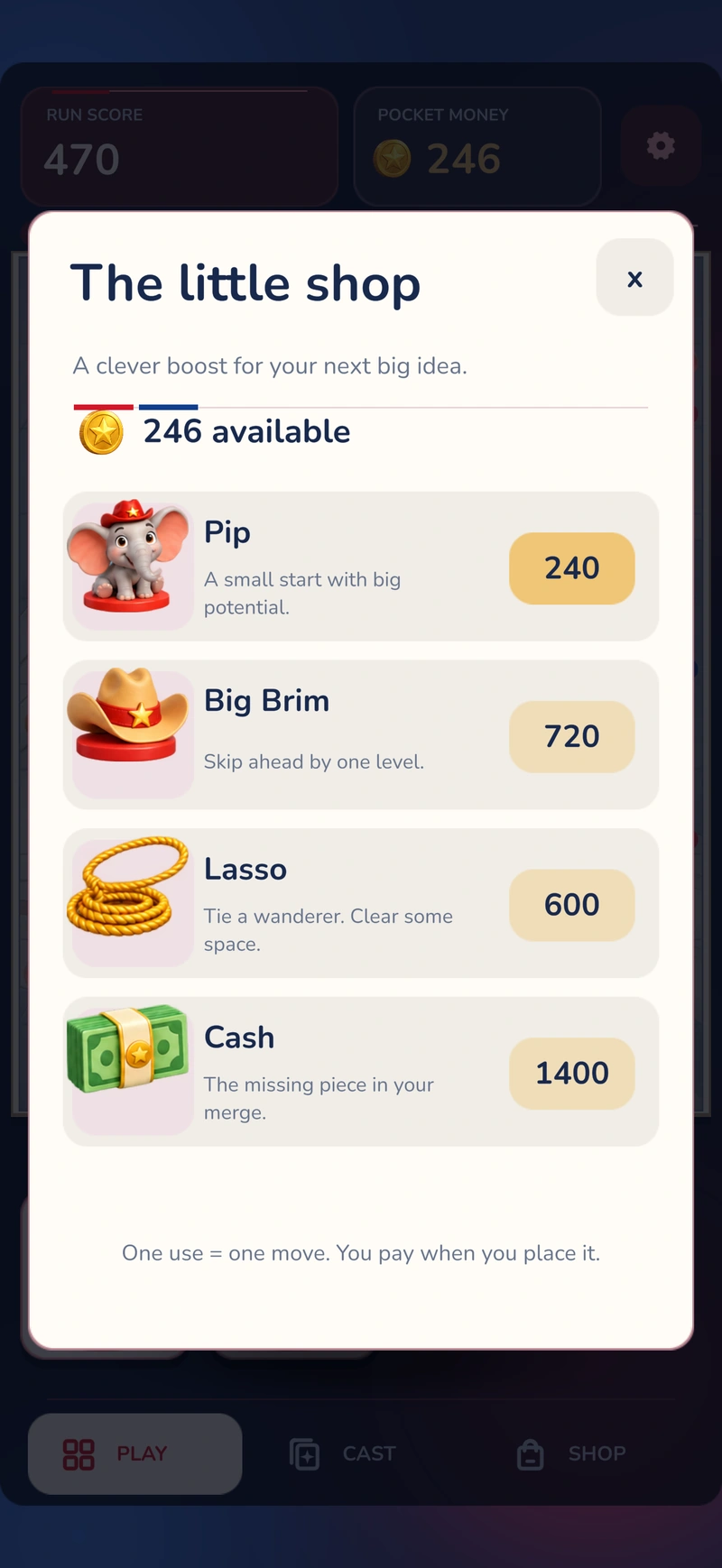 Actual in-game shop, with Lasso, Cash and crew pieces